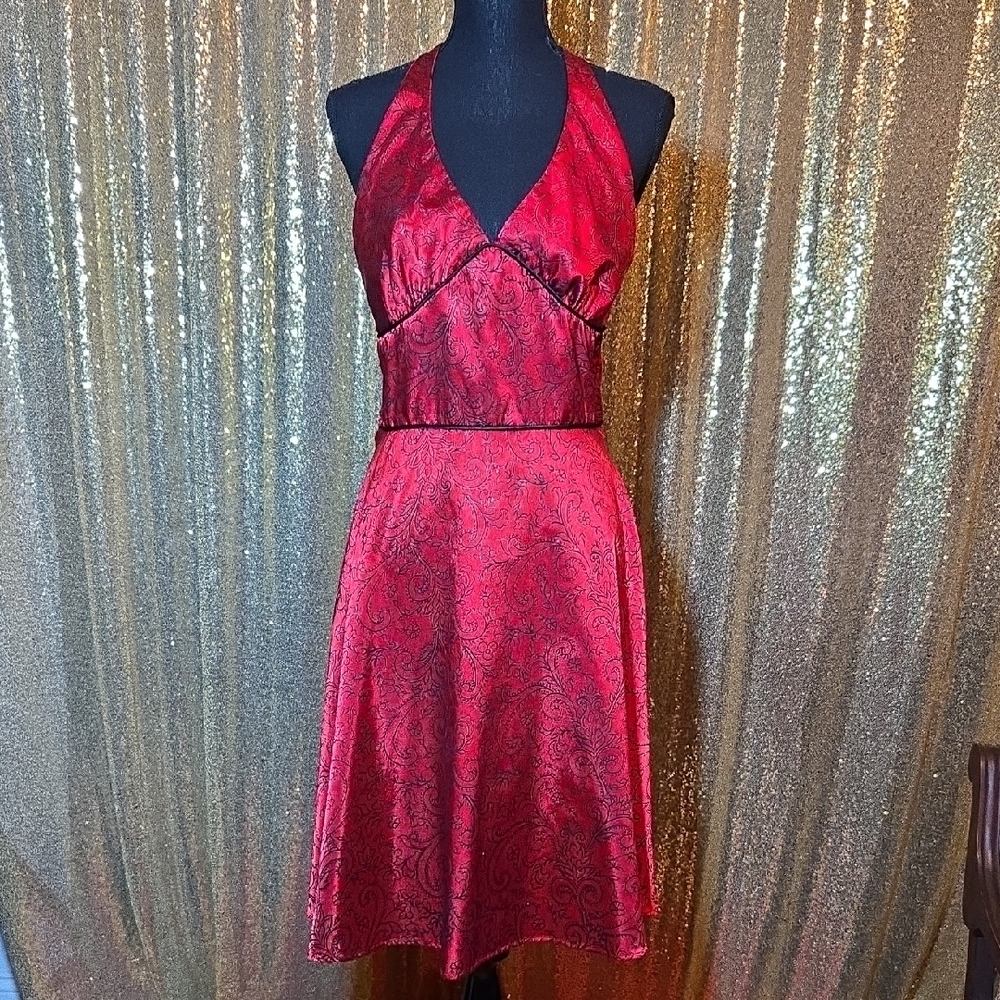 Red Satin Halter Swing Dress With Black Swirls
